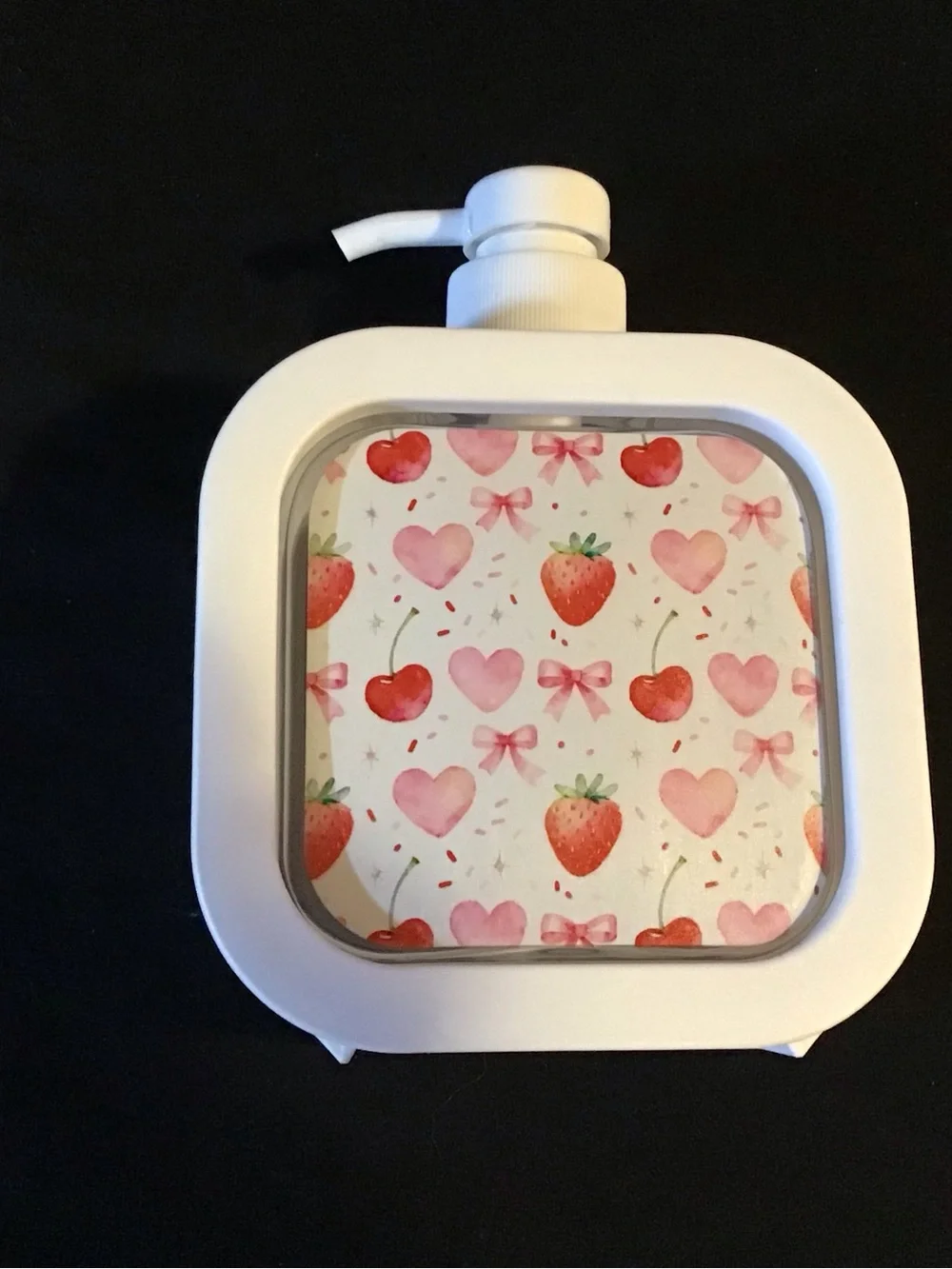 White Pump Bottle with Pink Strawberry & Heart Print